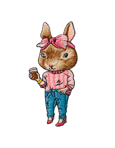 Applikation, Patch, Bügelbild: Hase mit Kaffee