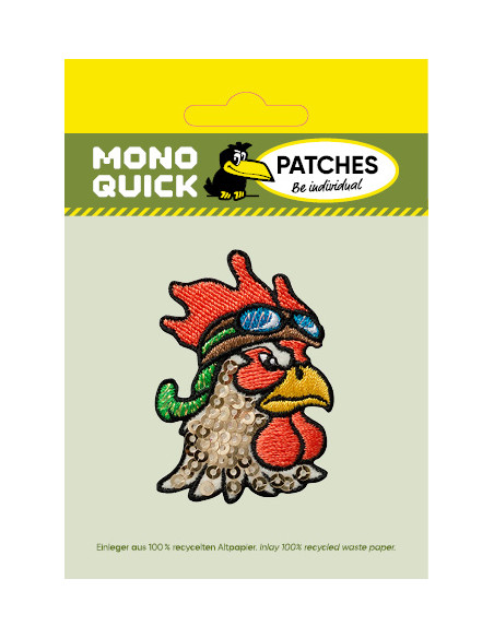 Applikation, Patch, Bügelbild: Hahn Kopf Pailletten