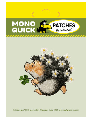 Applikation, Patch, Bügelbild: Igel mit Kleeblatt