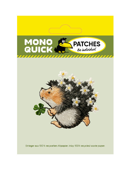 Applikation, Patch, Bügelbild: Igel mit Kleeblatt