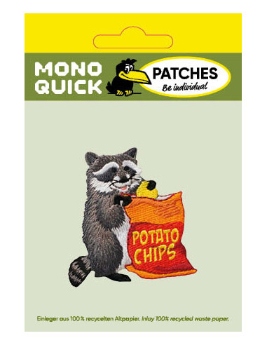 Applikation, Patch, Bügelbild: Waschbär mit Chips