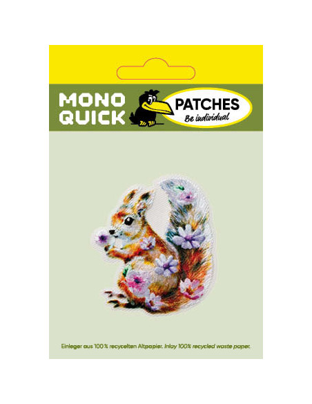 Applikation, Patch, Bügelbild: Eichhörnchen mit Blumen