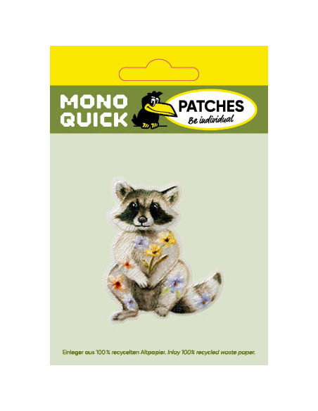 Applikation, Patch, Bügelbild: Waschbär mit Blumen
